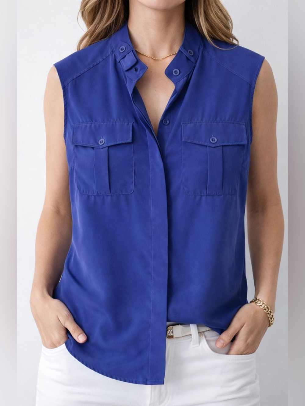 Garage Royal Blue Sleeveless Blouse Button Front Utility Pocket Top Size S